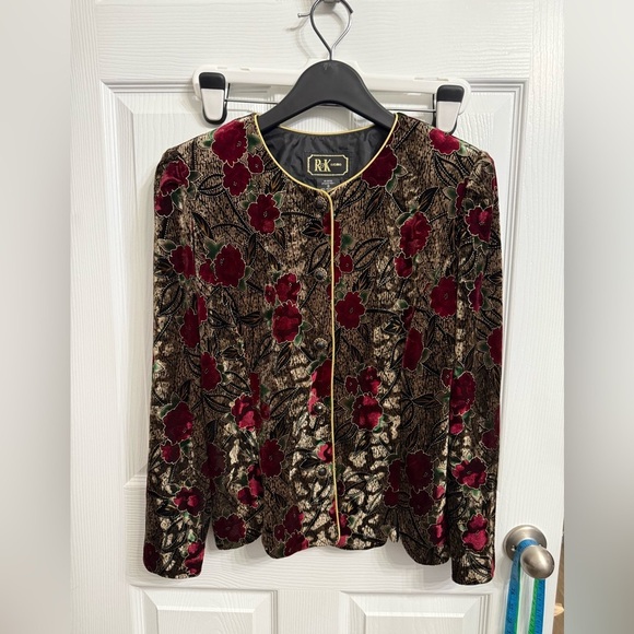 VTG R&K Evening Women's Red Brown Burnout Velvet Cardigan Gold Trim 10 Floral - Picture 1 of 5